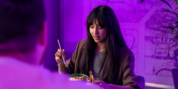 Girl enjoying Korean food on her date